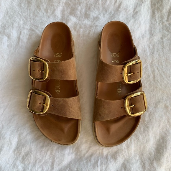 Birkenstock Arizona Big Buckle Oiled Leather Sandals Brown Tan Cognac Gold - Picture 1 of 9